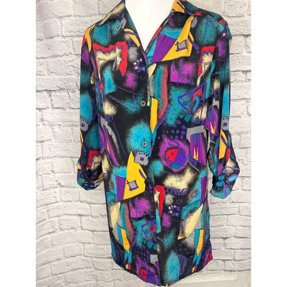 Notations Vintage Retro Art Deco Funky Fun Abstract Print Bright Button Down Tun - Picture 7 of 8
